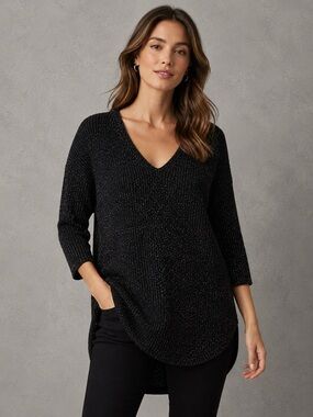 Express Black Metallic Shimmer V-Neck Oversized Tunic Sweater Medium